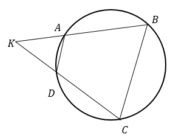 Четырехугольник ABCD вписан в окружность. Прямые АВ и CD пересекаются в точке К, BK = 18, DK = 9, ВС = 16. Найдите AD.